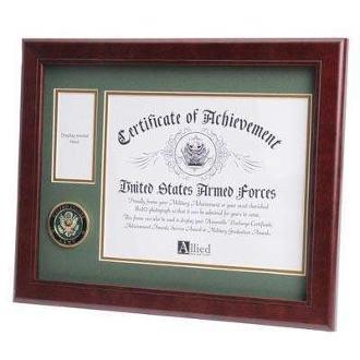 Army 10” x 8” Medallion frame featuring a gold-plated Army medal and a 4 x 6 inch photo opening, crafted from solid mahogany wood.